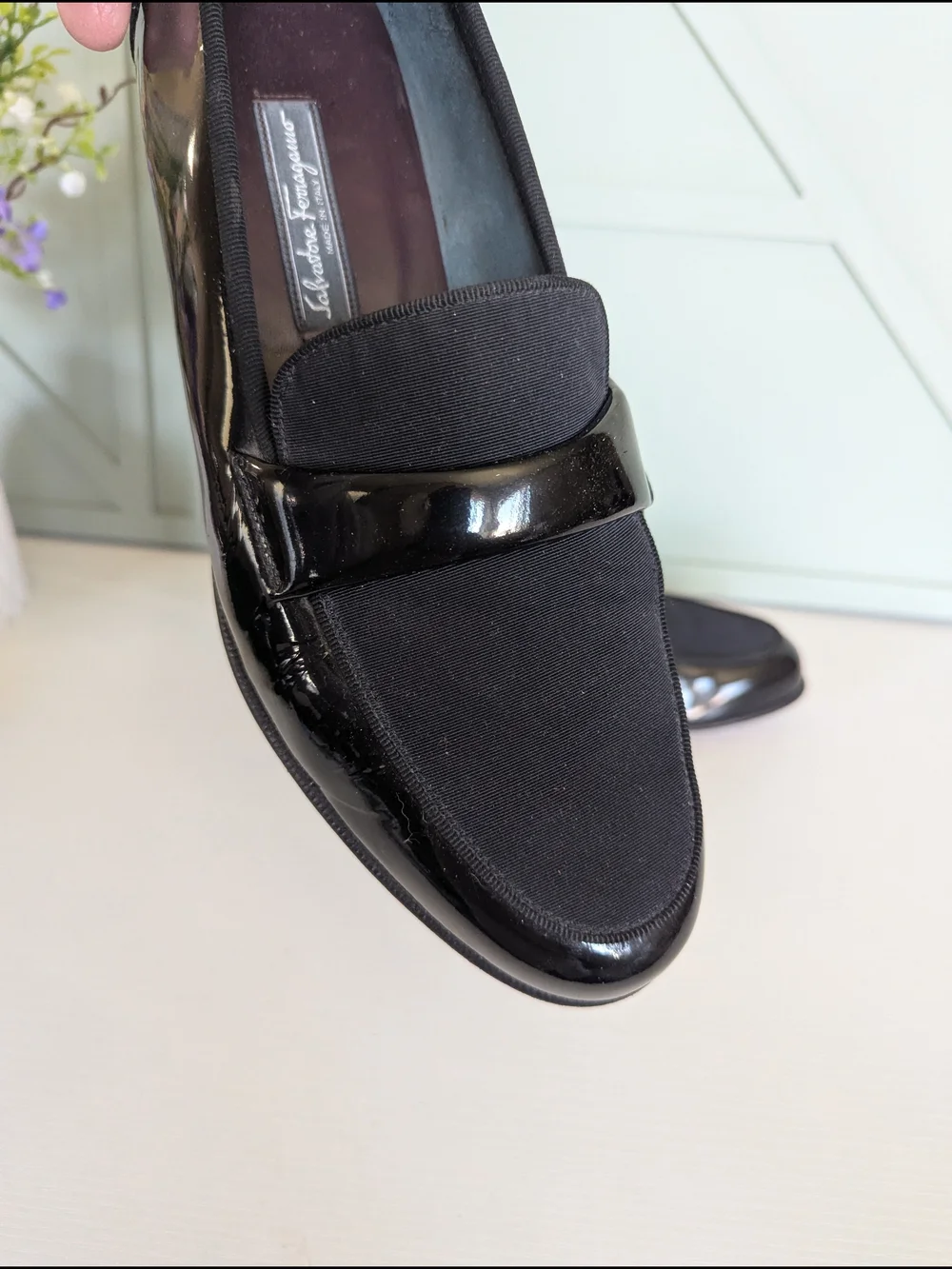 Salvatore Ferragamo Black Patent & Fabric Slip-On Loafers